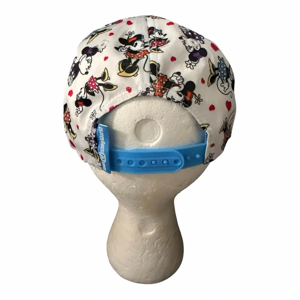 Disney Minnie Mouse White Hat with Pink Glitter Text and Multicolor Minnie Print